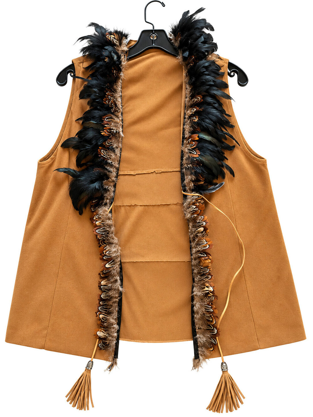 See You Monday Los Angeles Feather Trim Faux Suede Vest Boho Western Tassel NICE